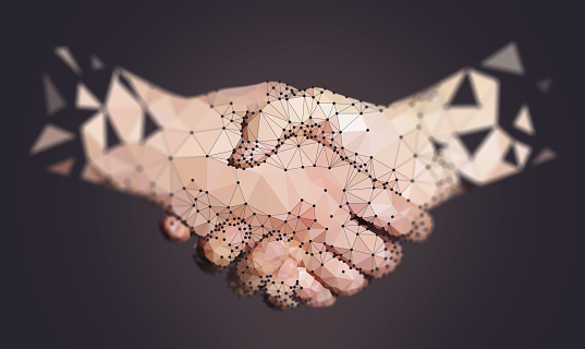 Polygon of Two High Tech Hands Handshaking on dark background.