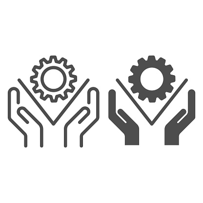 Hands hold gear line and solid icon, business cooperation concept, two hands holding cogwheel sign on white background, gear mechanism in hands icon in outline style for mobile, web. Vector graphics