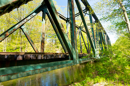 Old iron railroad bridge over the Willimantic River, still in use, in the Kollar Wildlife Management Area of Tolland, Connecticut.