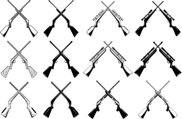 набор скрещенных охотничьих ружей и пушек. элемент дизайна для этикетки, знака. значок. иллюстрация вектора - rifle stock illustrations