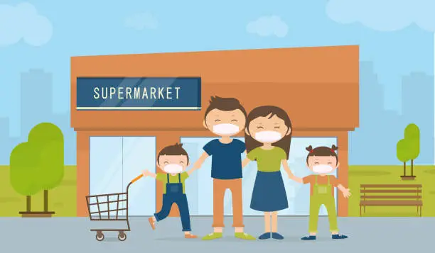 Vector illustration of Adults and children wear medical masks go to the supermarket