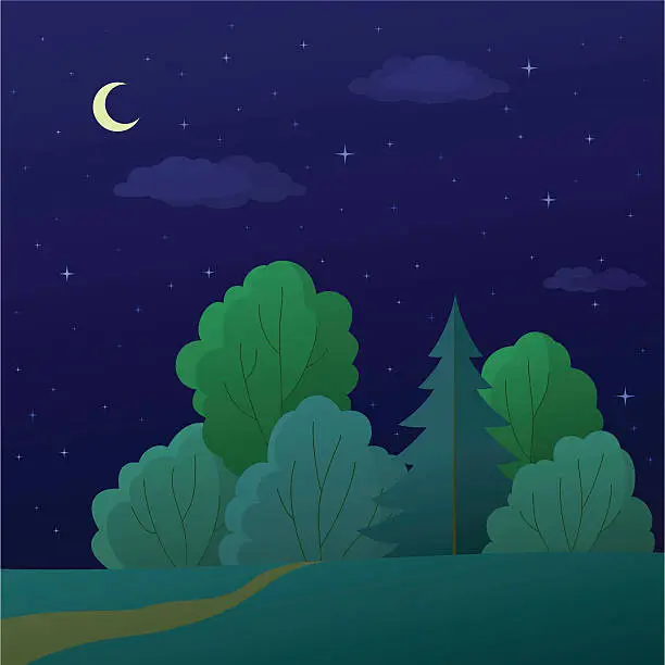 Vector illustration of Landscape, night summer forest