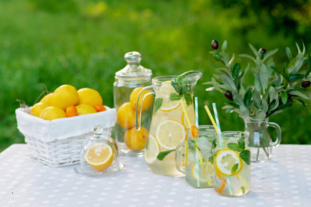 istock Lemonade refreshing drink in a jug and jars with lemons, fresh mint and ice with a basket with lemons and kumquat on a garden table. Summer outdoor picnic. Soft selective focus. 1249102810