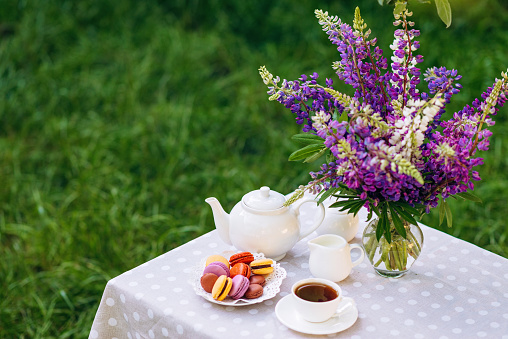 A cozy romantic breakfast in the fresh air. A vase with lupine flowers, a teapot and a cup of tea, a cake with macaroons on the table. Congratulations on Mother's Day or Women's. Soft selective focus.