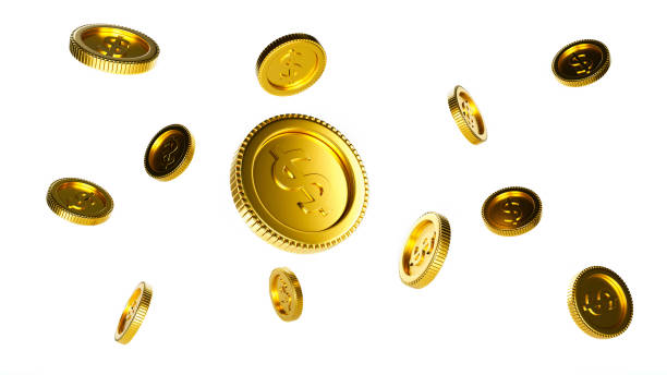 istock Many golden coins falling down from the top. Realistic coins splash isolated on white background. Capital growth saving and finance concept. 3D rendering 1249103948