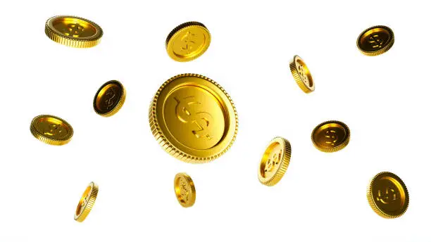 Photo of Many golden coins falling down from the top. Realistic coins splash isolated on white background. Capital growth saving and finance concept. 3D rendering