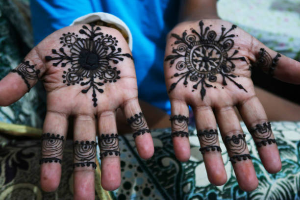 Stock photo of unrecognised man showing hand with henna / mehndi paste tattoo design, common to indian subcontinent as wedding tradition called mehndi ceremony to bring positive spirits, health, prosperity and good luck to bride and groom. imagen del hombre no reconocido mostrando mano con henna / mehndi pasta diseño de tatuaje, común al subcontinente indio como la tradición de la boda llamada ceremonia mehndi para traer espíritus positivos, salud, prosperidad y buena suerte a los novios