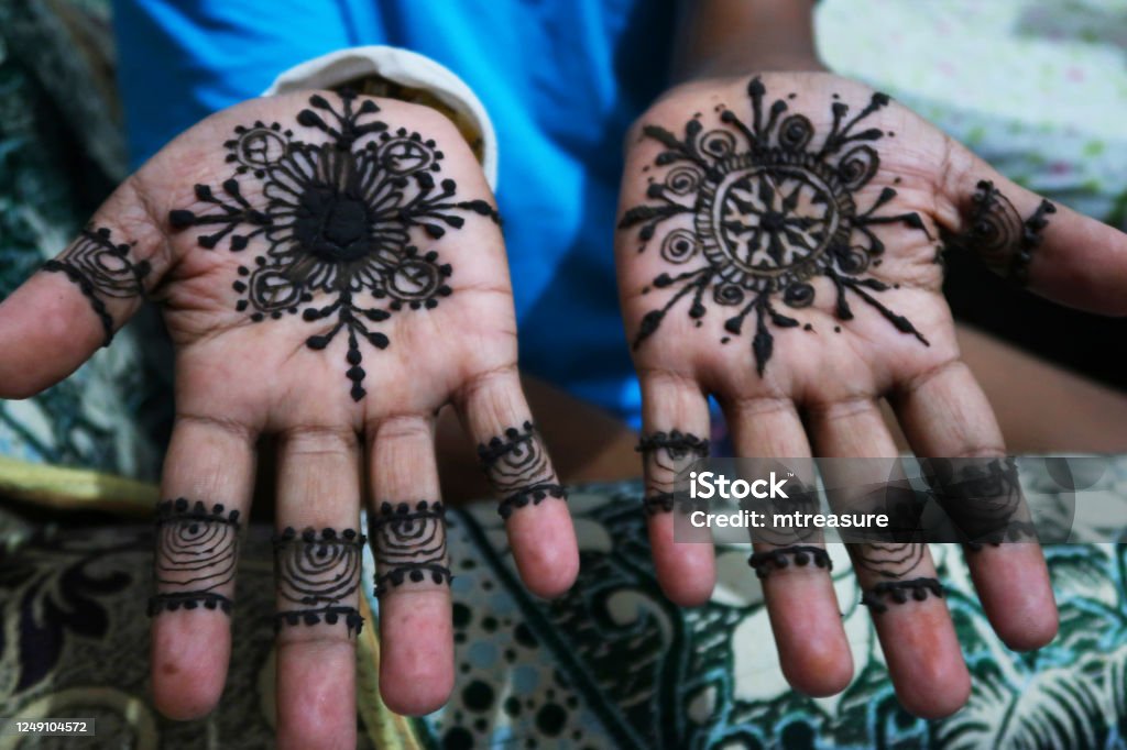 Image Of Unrecognised Man Showing Hand With Henna Mehndi Paste Tattoo Design  Common To Indian Subcontinent As Wedding Tradition Called Mehndi Ceremony  To Bring Positive Spirits Health Prosperity And Good Luck To