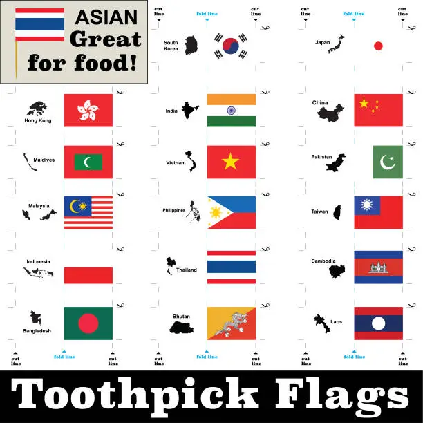 Vector illustration of Asian Country Toothpick Flags