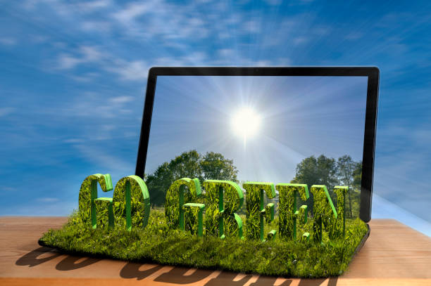 istock Open laptop with 3D text go green and grass texture 1249104865
