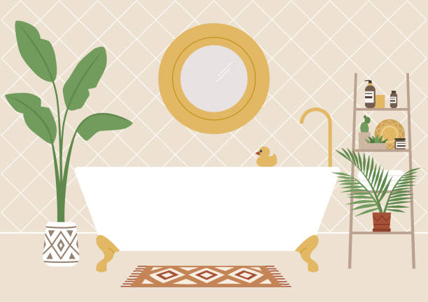 illustrations, cliparts, dessins animés et icônes de une baignoire de pied de griffe, intérieur boho respectueux de l’environnement, usines et produits de soin de peau, mode de vie millénaire - loft apartment home interior symbol apartment