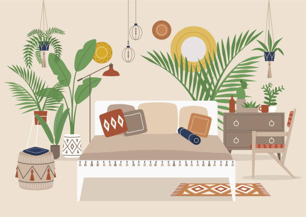 eine gemütliche detaillierte boho-stil schlafzimmer interieur, millennial lifestyle, keine menschen, innenarchitektur - loft apartment home interior symbol apartment stock-grafiken, -clipart, -cartoons und -symbole