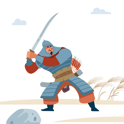 Portrait of dangerous, nomad mongol man in steppe holding sword attacking. Central Asian warrior, attack in battle. Isolated vector illustration in flat cartoon style.