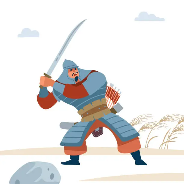 Vector illustration of Portrait of dangerous, nomad mongol man in steppe holding sword attacking. Central Asian warrior, attack in battle. Isolated vector illustration in flat cartoon style.