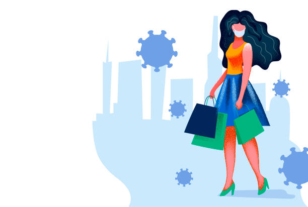 ilustrações de stock, clip art, desenhos animados e ícones de beautiful girl in a dress and in white medical face mask, holding shopping bags. bright veta and grainy texture. flat coronavirus illustration. - shopping mask