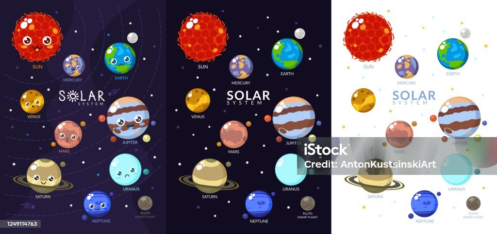 Ilustración de Tres Variantes Del Sistema Solar Con Planetas De Dibujos  Animados Universo Para Niños Sol Marte Mercurio Tierra Venus Júpiter  Saturno Urano Neptuno Plutón y más Vectores Libres de Derechos de