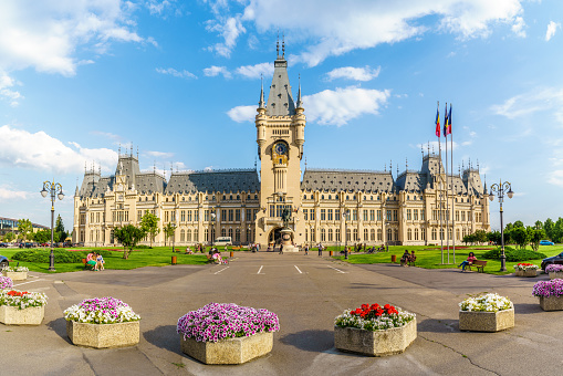 Iasi, Romania - June 09, 2020: Landscape with central square with Cultural Palace in Iasi, Moldavia, Romania