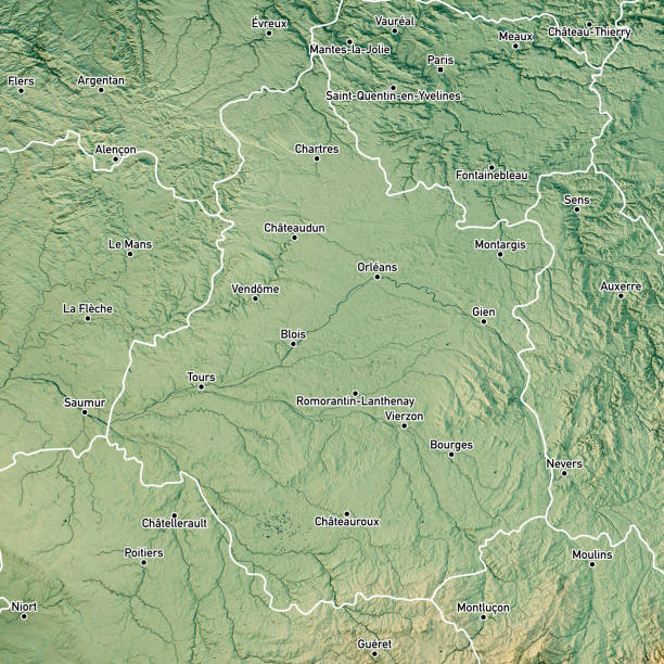 Centre-Val de Loire 3D Render Topographic Map Color Border Cities 3D Render of a Topographic Map of the region Centre-Val de Loire in France. Version with Boundaries and Cities.
All source data is in the public domain.
Color texture: Made with Natural Earth. 
http://www.naturalearthdata.com/downloads/10m-raster-data/10m-cross-blend-hypso/
Relief texture: NASADEM data courtesy of NASA JPL (2020). URL of source image: 
https://doi.org/10.5067/MEaSUREs/NASADEM/NASADEM_HGT.001
Water texture: SRTM Water Body SWDB:
https://dds.cr.usgs.gov/srtm/version2_1/SWBD/
Boundaries Level 0: Humanitarian Information Unit HIU, U.S. Department of State (database: LSIB)
http://geonode.state.gov/layers/geonode%3ALSIB7a_Gen loir et cher stock pictures, royalty-free photos & images