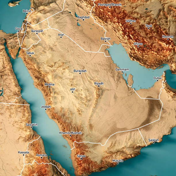 Saudi Arabia 3D Render Topographic Map Color Border Cities 3D Render of a Topographic Map of the Kingdom of Saudi Arabia. Version with Country Boundaries and Cities.
All source data is in the public domain.
Color texture: Made with Natural Earth.
http://www.naturalearthdata.com/downloads/10m-raster-data/10m-cross-blend-hypso/
Relief texture: NASADEM data courtesy of NASA JPL (2020). URL of source image:
https://doi.org/10.5067/MEaSUREs/NASADEM/NASADEM_HGT.001
Water texture: SRTM Water Body SWDB:
https://dds.cr.usgs.gov/srtm/version2_1/SWBD/
Boundaries Level 0: Humanitarian Information Unit HIU, U.S. Department of State (database: LSIB)
http://geonode.state.gov/layers/geonode%3ALSIB7a_Gen saudi arabia jeddah landscape stock pictures, royalty-free photos & images