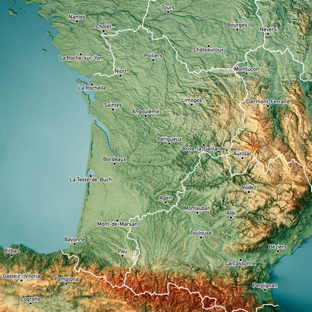 istock Nouvelle-Aquitaine 3D Render Topographic Map Color Border Cities 1249117112