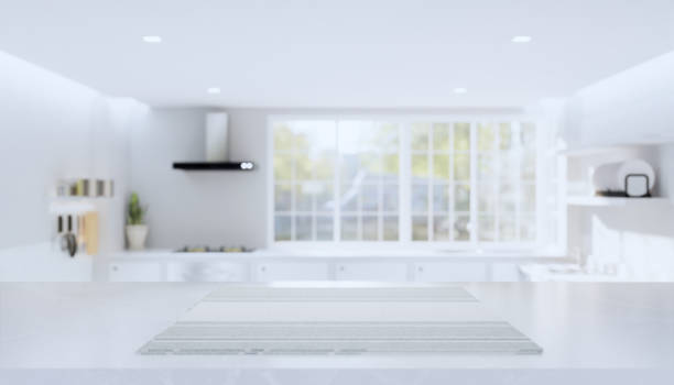 istock 3d rendering of marble counter product display cover by fabric cloth with kitchen blurred background. 1249117794