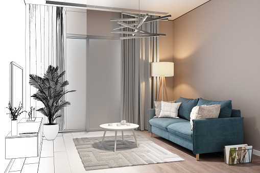 Wireframe 3D Living Room Planning