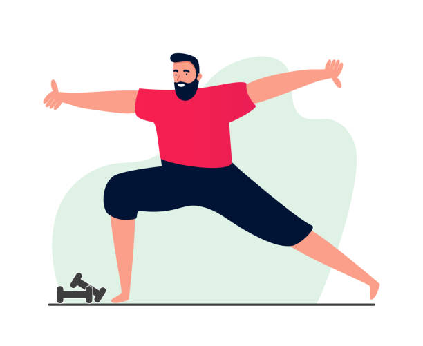 ilustraciones, imágenes clip art, dibujos animados e iconos de stock de un hombre deportivo se para en una pose de yoga en el gimnasio con una camiseta y leggings. estiramiento de la aptitud. ilustraciones al estilo de los cómics sobre un estilo de vida saludable y activo - stretching exercising gym silhouette