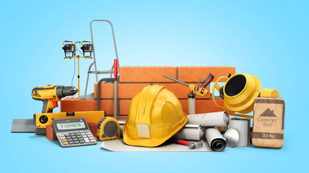 istock modern construction costing concept hard hat bricks wall and tape measure in the drawings next to the calculator 3d render on blue gradient 1249126216