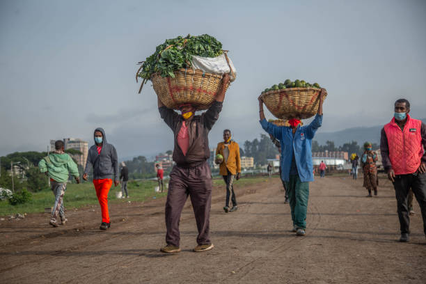 Covid-19 June 12 2020, The new vegetable market that was relocated to Jan meda amid Covid-19 to have a wide space and have a social distance between market workers. addis ababa ethiopia photos stock pictures, royalty-free photos & images