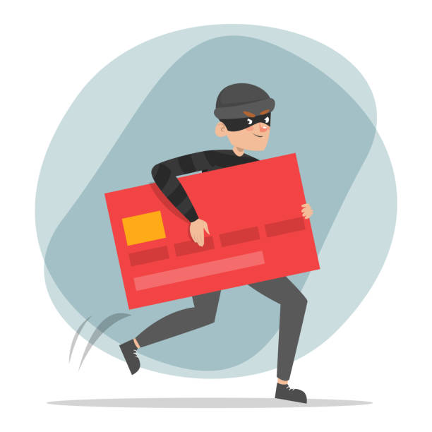 Robber running with a stolen red credit card Robber running with a stolen red credit card vector isolated. Illegal action, thief in black mask. Safety of the money in danger. identity theft stock illustrations