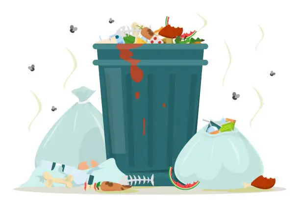 Vector illustration of Dirty garbage around the trashcan vector isolated
