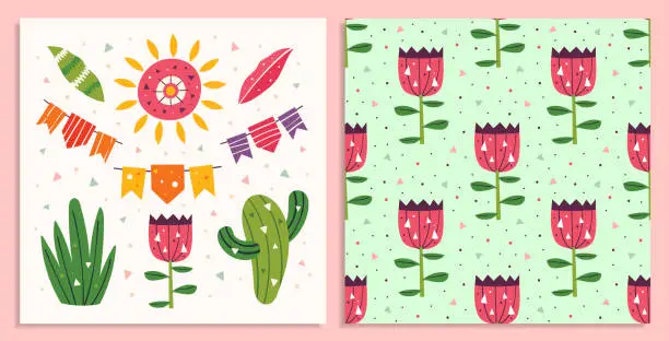 Vector illustration of Mexico clip art. Cute sun, flags, cactus, grass, flower and leaves. Mexican party. Latin America holiday. Flat colourful vector illustration, set of elements isolated. Seamless pattern, background.