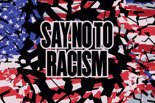 istock Eliminate racial discrimination, Say no to racism typography set over shattered USA flag. Vector stock illustration. 1249141660