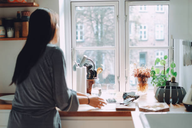 busy asian young businesswoman preparing breakfast for her family in the kitchen at home. - on the inside looking out imagens e fotografias de stock