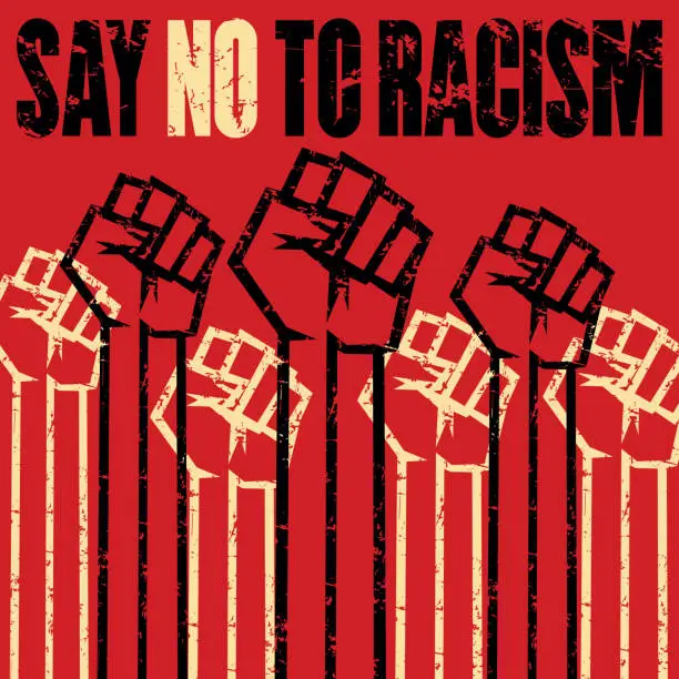 Vector illustration of Eliminate racial discrimination, Say no to racism grunge multiple raised fists vector stock illustration.