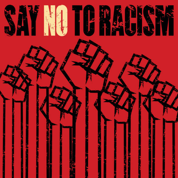 istock Eliminate racial discrimination, Say no to racism grunge multiple raised fists vector stock illustration. 1249144477