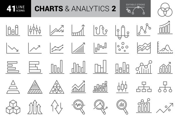 diagramm- und diagrammliniensymbole. bearbeitbarer strich. pixel perfekt. für mobile und web. enthält symbole wie kreisdiagramm, börsendaten, organigramm, fortschrittsbericht, balkendiagramm - data chart business graph stock-grafiken, -clipart, -cartoons und -symbole