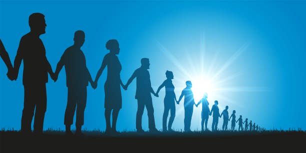 Concept of solidarity with a group of people who form a human chain to demonstrate. Concept of the human chain and solidarity with a group of aligned people who join hands to show that unity is strength. line of people holding hands stock illustrations