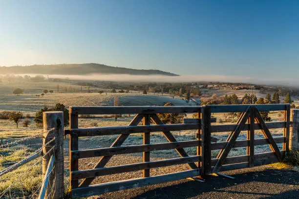 Photo of Frost-covered gate overlooking a frosty, foggy valley at Carwoola, NSW