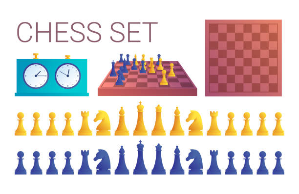 Chess game icons set in cartoon style. Chess game icons in cartoon style. Double chess clock, chessboard, yellow and blue chess pieces set isolated on white background. Sport equipment for intellectual and strategy game vector illustration chess timer stock illustrations