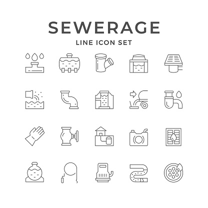 Set line icons of sewerage isolated on white. Drain house system, septic tank, sewer water, sewage pipe, drainage lattice, protective glove, waste siphon. Vector illustration