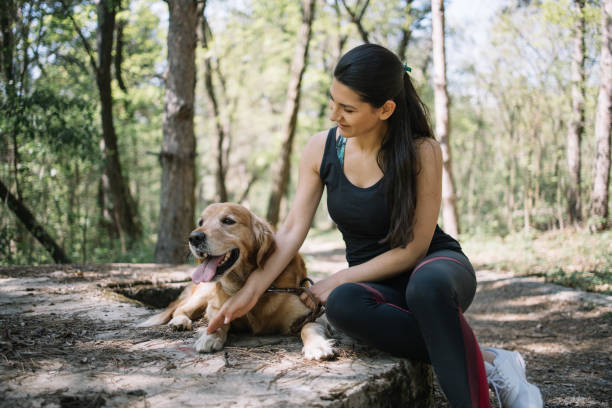 istock Beautiful girl in forest touching her dog 1249156164