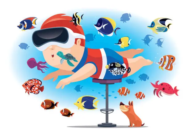 Vector illustration of kid with VR simulator swimming with tropical fishes