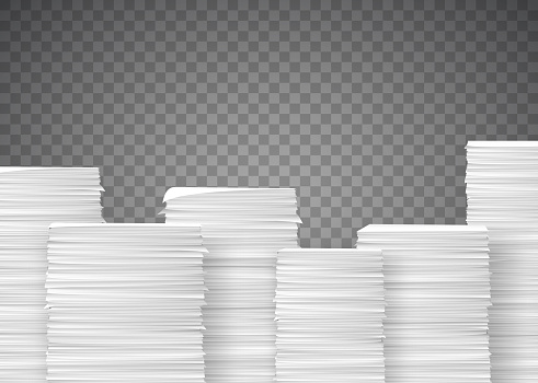 Piles of paper documents. Paperwork in the office. Stack isolated on transparent background. Vector illustration.
