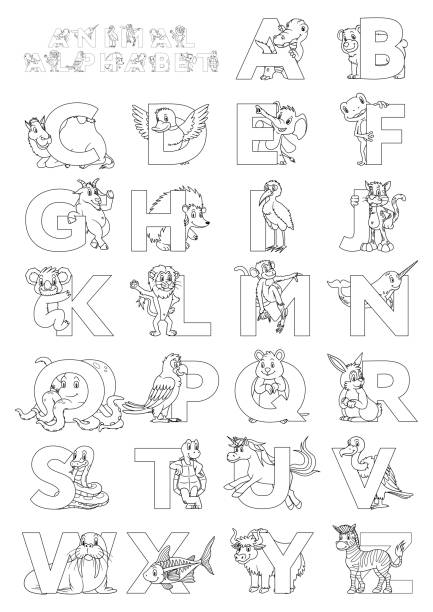  Para Colorear Con Los Niños Alfabeto De Dibujos Animados Mayúsculas Ilustraciones, gráficos vectoriales libres de derechos y clip art
