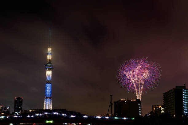 istock Sumida river fireworks festival.
Sky tree and fireworks. 1249161248