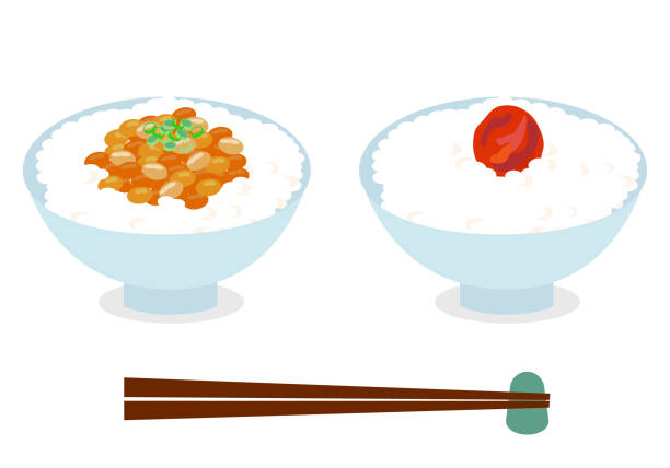 ilustraciones, imágenes clip art, dibujos animados e iconos de stock de natto y umeboshi sobre arroz - chopsticks rest kitchen utensil dishware horizontal