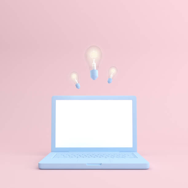 istock Mockup of laptop with blank screen and light bulb in minimal style. 3D rendering. 1249162372