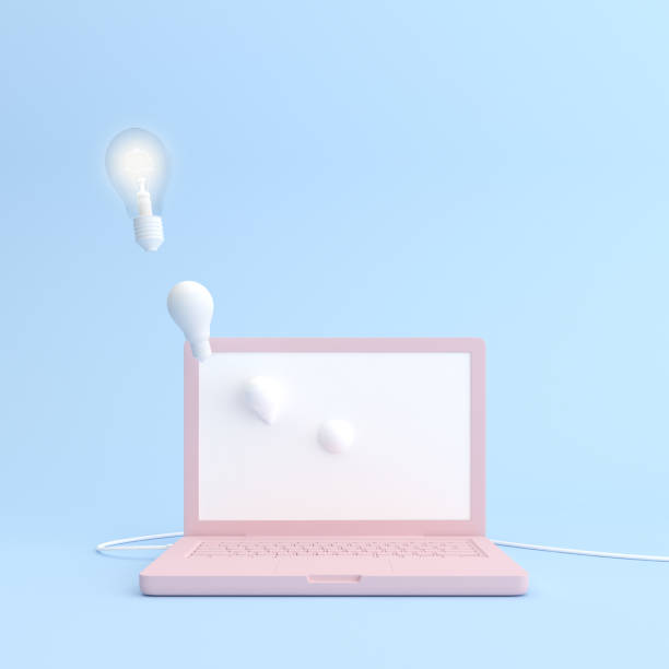istock Mockup of laptop with blank screen and light bulb in minimal style. 3D rendering. 1249162376