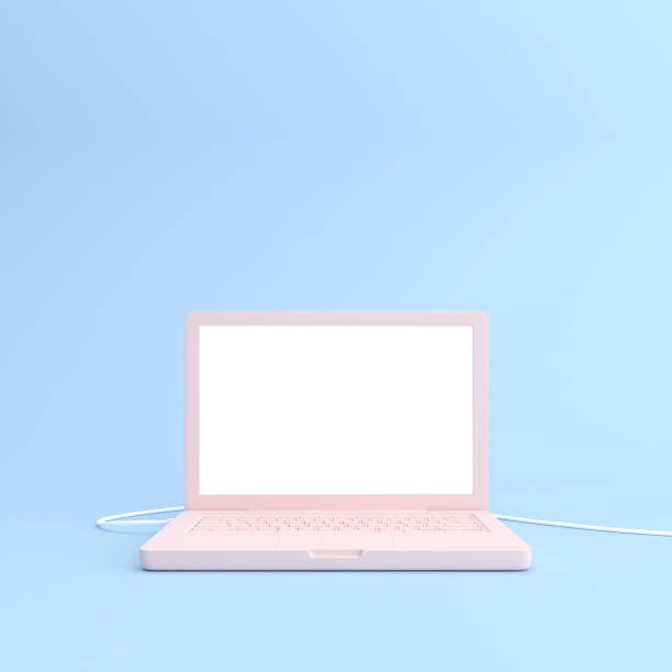 istock Mockup of pink laptop with white blank screen in minimal style. 3D rendering. 1249162377